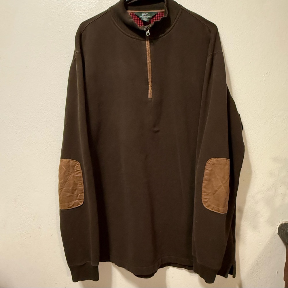 Woolrich Men's Brown Zip-Up Sweater with Tan Elbow Patches Size XL Long
